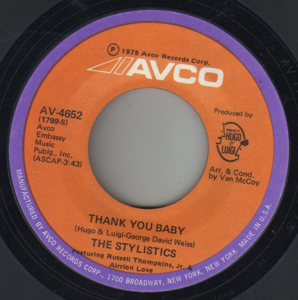 The Stylistics : Sing Baby Sing / Thank You Baby (7", Single)