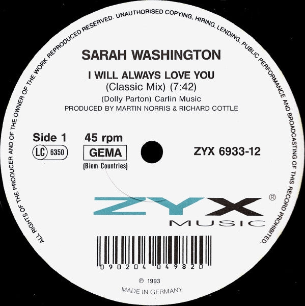 Sarah Washington : I Will Always Love You (12", Single)