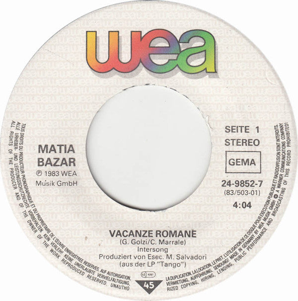 Matia Bazar : Vacanze Romane (7", Single)