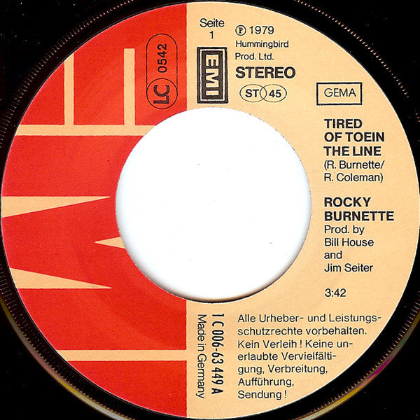 Rocky Burnette : Tired Of Toein' The Line (7", Single)