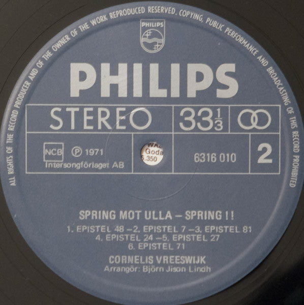 Cornelis Vreeswijk : Spring Mot Ulla - Spring! Cornelis Sjunger Bellman (LP, Album, Gat)