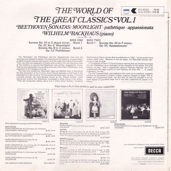 Ludwig van Beethoven, Wilhelm Backhaus : The World Of The Great Classics Vol. 1: Beethoven Sonatas (LP)