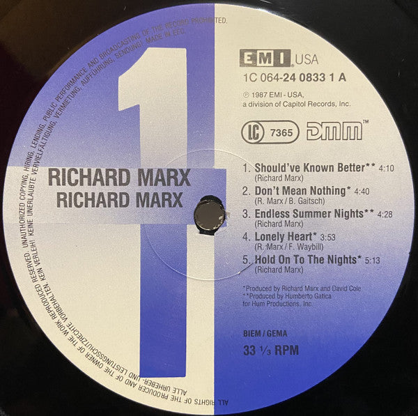 Richard Marx : Richard Marx (LP, Album, RE)