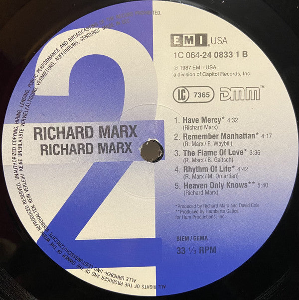 Richard Marx : Richard Marx (LP, Album, RE)