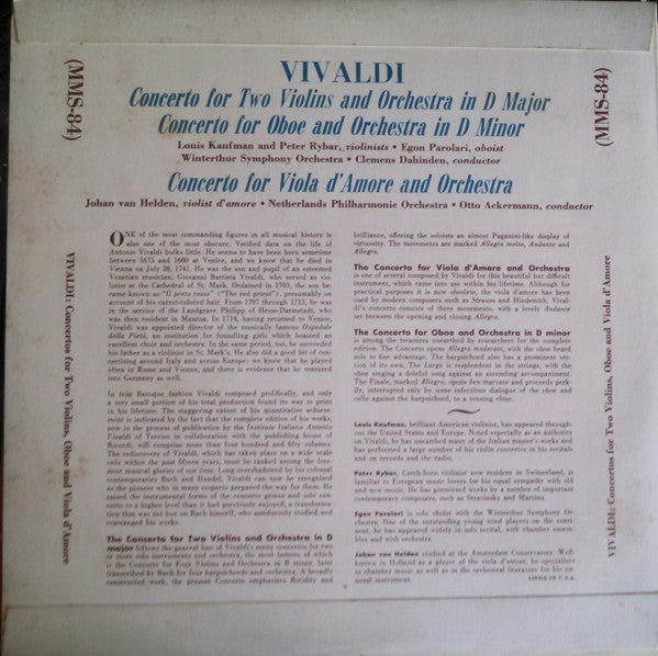 Antonio Vivaldi - Louis Kaufman And Peter Rybar, Egon Parolari, Winterthur Symphony Orchestra, Clemens Dahinden / Johan van Helden, Nederlands Philharmonisch Orkest, Otto Ackermann : Concerto For Two Violins In D / Oboe Concerto In D Minor / Concerto For Viola D'Amore (10", Mono)