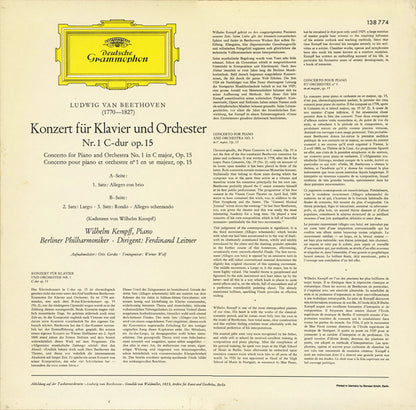 Ludwig van Beethoven • Wilhelm Kempff, Berliner Philharmoniker • Ferdinand Leitner : Klavierkonzert Nr.1 C-Dur = Piano Concerto No. 1 In C Major = Concerto Pour Piano Et Orchestre Nº 1 En Ut Majeur (LP, RP)