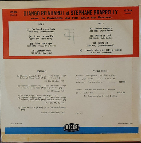 Django Reinhardt, Stéphane Grappelli Avec Le Quintette Du Hot Club De France : Django Reinhardt - Stephane Grappelly Avec Le Quintette Du Hot Club De France (10", Comp)