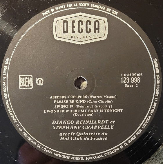 Django Reinhardt, Stéphane Grappelli Avec Le Quintette Du Hot Club De France : Django Reinhardt - Stephane Grappelly Avec Le Quintette Du Hot Club De France (10", Comp)