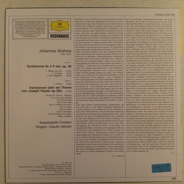 Johannes Brahms - Claudio Abbado, Staatskapelle Dresden : Symphonie Nr. 3 • Haydn-Variationen (LP, Album, RE)