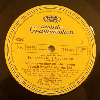 Johannes Brahms - Claudio Abbado, Staatskapelle Dresden : Symphonie Nr. 3 • Haydn-Variationen (LP, Album, RE)