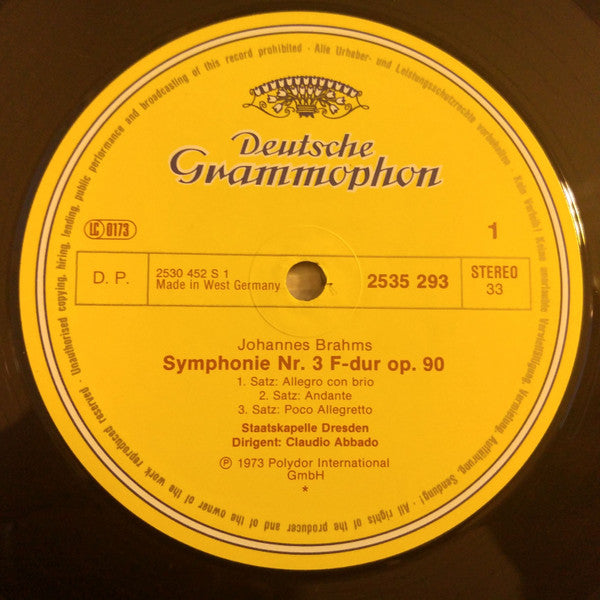 Johannes Brahms - Claudio Abbado, Staatskapelle Dresden : Symphonie Nr. 3 • Haydn-Variationen (LP, Album, RE)