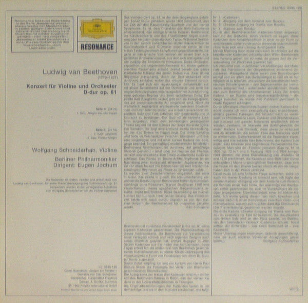 Ludwig Van Beethoven - Wolfgang Schneiderhan, Berliner Philharmoniker, Eugen Jochum : Violinkonzert (LP, RE)