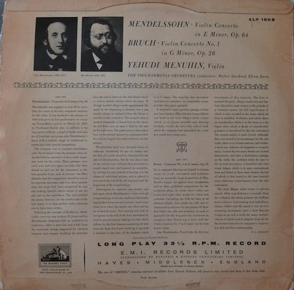 Yehudi Menuhin - Felix Mendelssohn-Bartholdy . Max Bruch, Philharmonia Orchestra, Walter Susskind, Efrem Kurtz : Mendelssohn Concerto In E Minor, Op. 64 / Bruch Concerto No. 1 In G Minor, Op. 26 (LP, Mono)