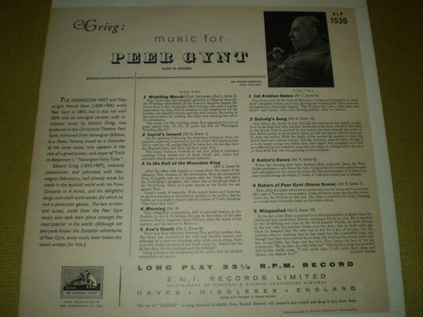 Edvard Grieg - Sir Thomas Beecham, The Royal Philharmonic Orchestra, The Beecham Choral Society With Ilse Hollweg : Music For Peer Gynt (LP, Mono, Red)