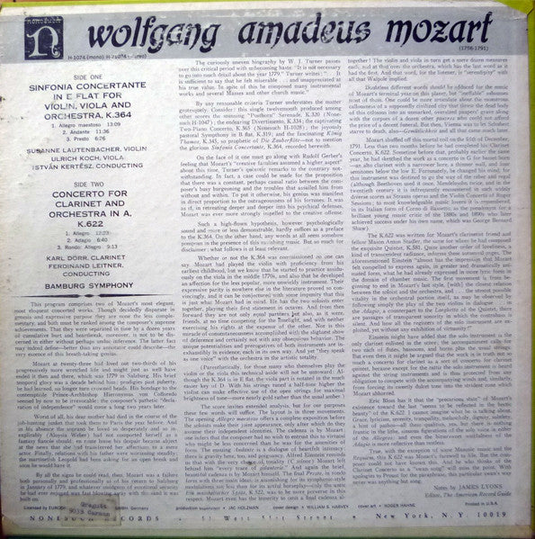 Wolfgang Amadeus Mozart, Bamberger Symphoniker : Concerto For Clarinet And Orchestra In A, K.622; Sinfonia Concertante In E Flat For Violin, Viola And Orchestra, K.364 (LP)