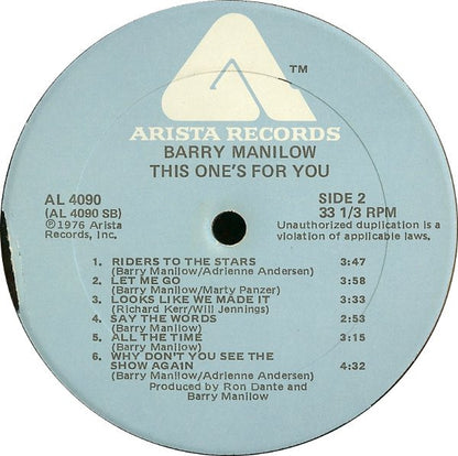 Barry Manilow : This One's For You (LP, Album)