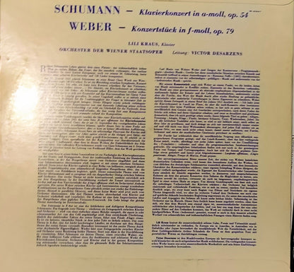 Robert Schumann / Carl Maria von Weber – Lili Kraus, Orchester Der Wiener Staatsoper, Victor Desarzens : Klavierkonzert In a-moll / Konzertstück In f-moll (LP, Mono)