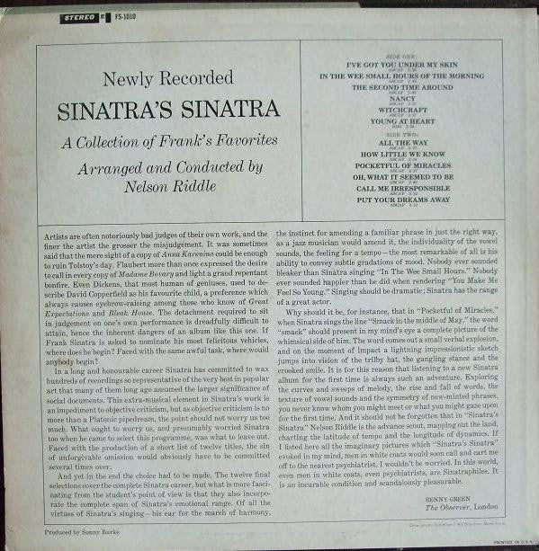 Frank Sinatra : Sinatra's Sinatra (A Collection Of Frank's Favorites) (LP, Album, RE)