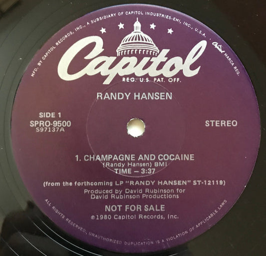 Randy Hansen : Champagne And Cocaine (12", Promo)