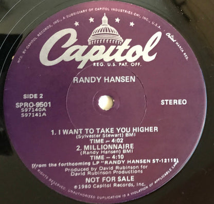 Randy Hansen : Champagne And Cocaine (12", Promo)