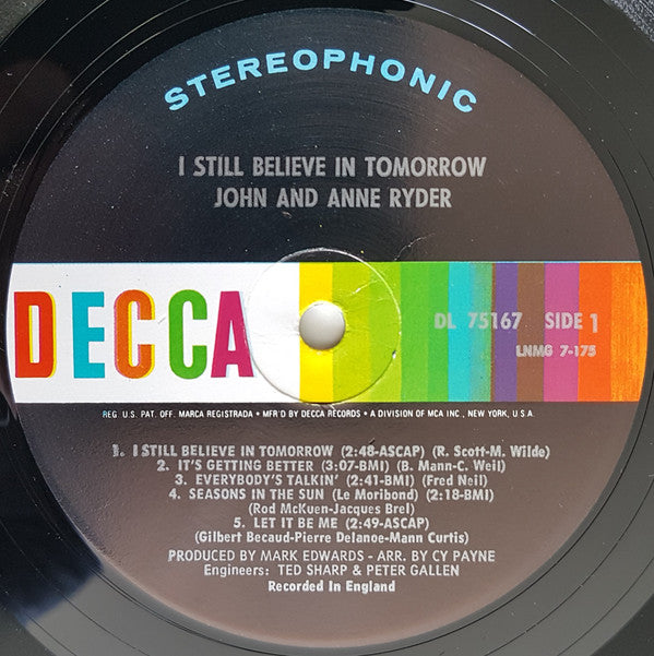 John & Anne Ryder : I Still Believe In Tomorrow (LP, Album, Pin)