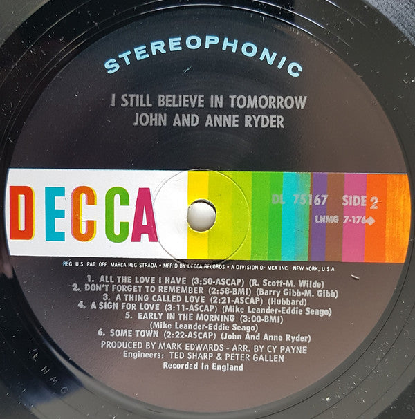 John & Anne Ryder : I Still Believe In Tomorrow (LP, Album, Pin)