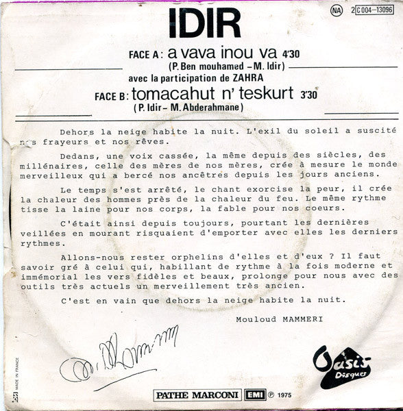 Idir = Idir : A Vava Inou Va (7", Single, Mono)