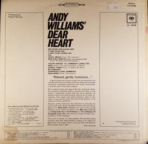 Andy Williams : Andy Williams' Dear Heart (LP, Album)