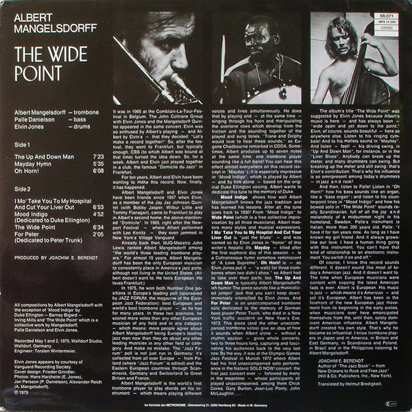 Albert Mangelsdorff, Elvin Jones, Palle Danielsson : The Wide Point (LP, Album, RE)