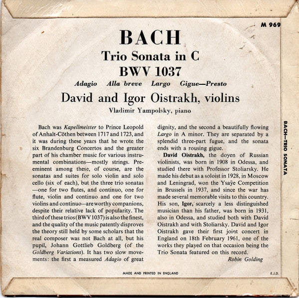 David Oistrach & Igor Oistrach - Johann Sebastian Bach with Vladimir Yampolsky : Sonata For 2 Violins (7")