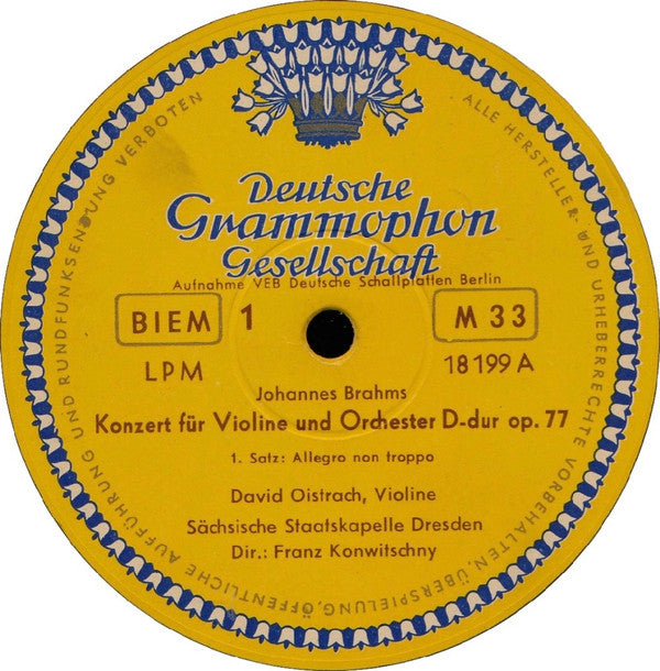 Johannes Brahms — David Oistrach , Violine· Staatskapelle Dresden · Dirigent: Franz Konwitschny : Konzert Für Violine Und Orchester D-Dur Op. 77 (LP, Mono, RP)