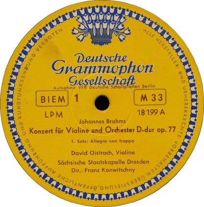 Johannes Brahms — David Oistrach , Violine· Staatskapelle Dresden · Dirigent: Franz Konwitschny : Konzert Für Violine Und Orchester D-Dur Op. 77 (LP, Mono, RP)