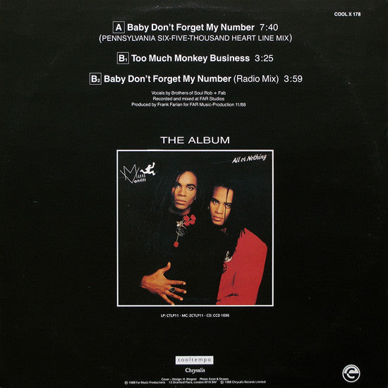 Milli Vanilli : Baby Don't Forget My Number (12", Maxi)