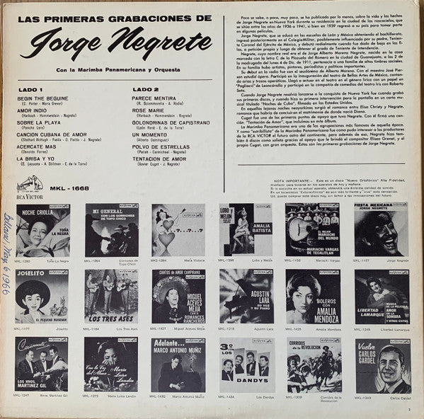 Jorge Negrete Con La Marimba Panamericana Y Orquesta : Las Primeras Grabaciones de Jorge Negrete (LP, Album, Mono)