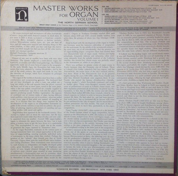 Jørgen Ernst Hansen : Master Works For Organ Volume 1 - The North German School (LP, RP)