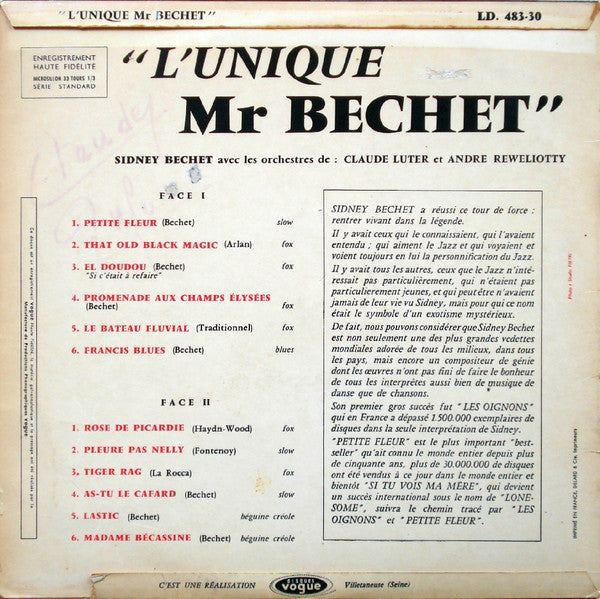 Sidney Bechet : L'Unique Mr Bechet (LP, Album, Mono, RE)