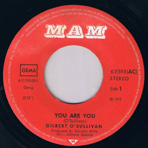 Gilbert O'Sullivan : You Are You (7", Single)