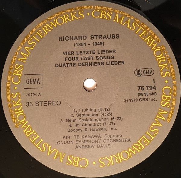 Richard Strauss - Kiri Te Kanawa, Andrew Davis, The London Symphony Orchestra : Four Last Songs · Vier Letzte Lieder · Quatre Derniers Lieder (LP)