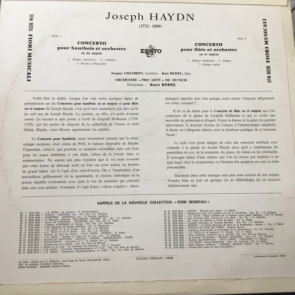 Joseph Haydn — Kurt Redel - Jacques Chambon - Orchestre Pro Arte De Munich Dir. Kurt Redel : Deux Celebres Concertos De J. Haydn Pour Flûte & Pour Hautbois (LP, Mono)