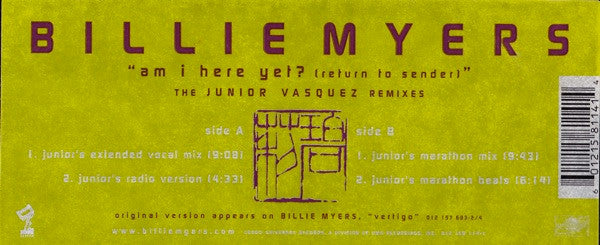 Billie Myers : Am I Here Yet? (Return To Sender) The Junior Vasquez Remixes (12")