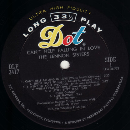 The Lennon Sisters : Can't Help Falling In Love (LP, Album, Mono)