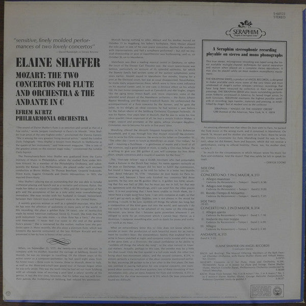 Wolfgang Amadeus Mozart - Elaine Shaffer, Efrem Kurtz, Philharmonia Orchestra : The Two Concertos For Flute & Orchestra & The Andante In C (LP, RE)