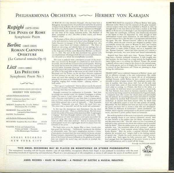 Franz Liszt, Ottorino Respighi, Hector Berlioz, Philharmonia Orchestra, Herbert von Karajan : Les Preludes - The Pines Of Rome - Roman Carnival Overture (LP)