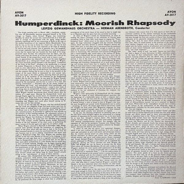 Engelbert Humperdinck (2) - Gewandhausorchester Leipzig, Hermann Abendroth : Moorish Rhapsody (LP, Album)