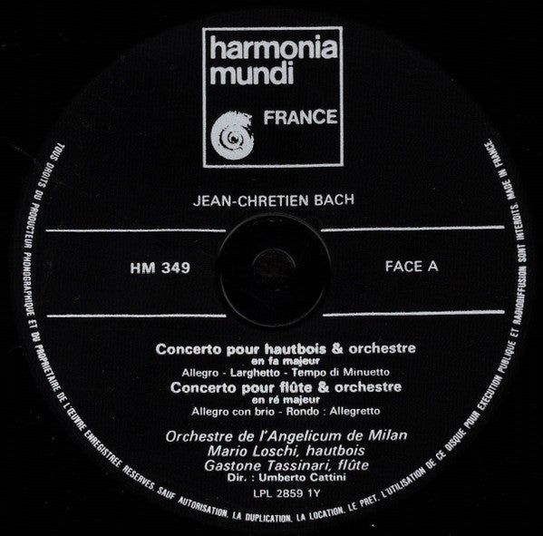 Johann Christian Bach - Orchestra Dell'Angelicum Di Milano Dir. Umberto Cattini : Concerto Pour Hautbois Et Orchestre En Fa Majeur - Concerto Pour Flûte Et Orchestre En Ré Majeur - Concerto Pour Clavecin Et Orchestre En Do Mineur (LP, Album, RE)