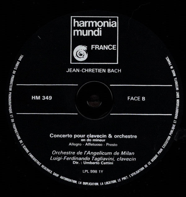 Johann Christian Bach - Orchestra Dell'Angelicum Di Milano Dir. Umberto Cattini : Concerto Pour Hautbois Et Orchestre En Fa Majeur - Concerto Pour Flûte Et Orchestre En Ré Majeur - Concerto Pour Clavecin Et Orchestre En Do Mineur (LP, Album, RE)