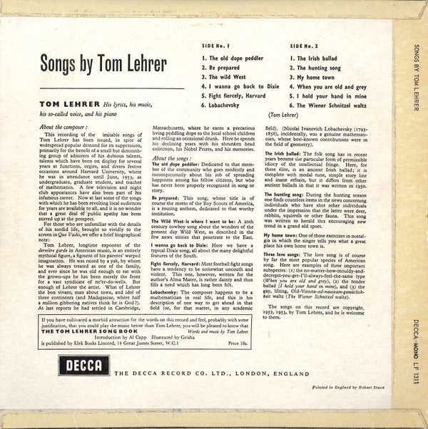 Tom Lehrer : Songs By Tom Lehrer (10", Mono, RP)