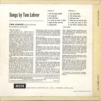 Tom Lehrer : Songs By Tom Lehrer (10", Mono, RP)