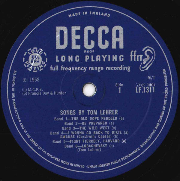 Tom Lehrer : Songs By Tom Lehrer (10", Mono, RP)