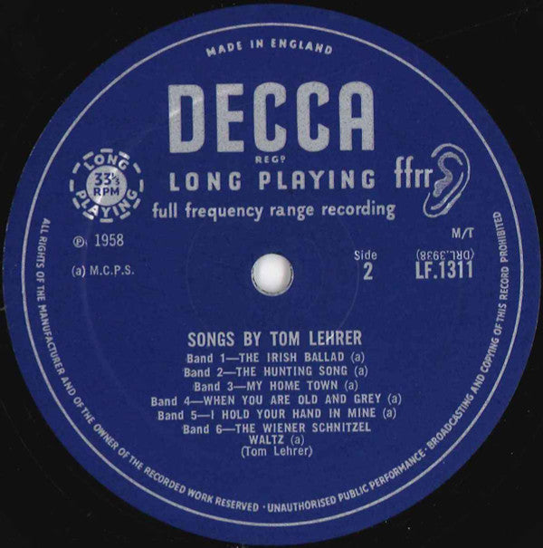 Tom Lehrer : Songs By Tom Lehrer (10", Mono, RP)